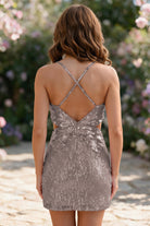 Dusty Rose Spaghetti Straps Sequin V Neck homecoming dress back view