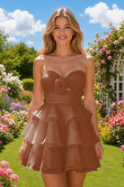 Burnt Orange Flower Detail Strapless Homecoming Dress Front View