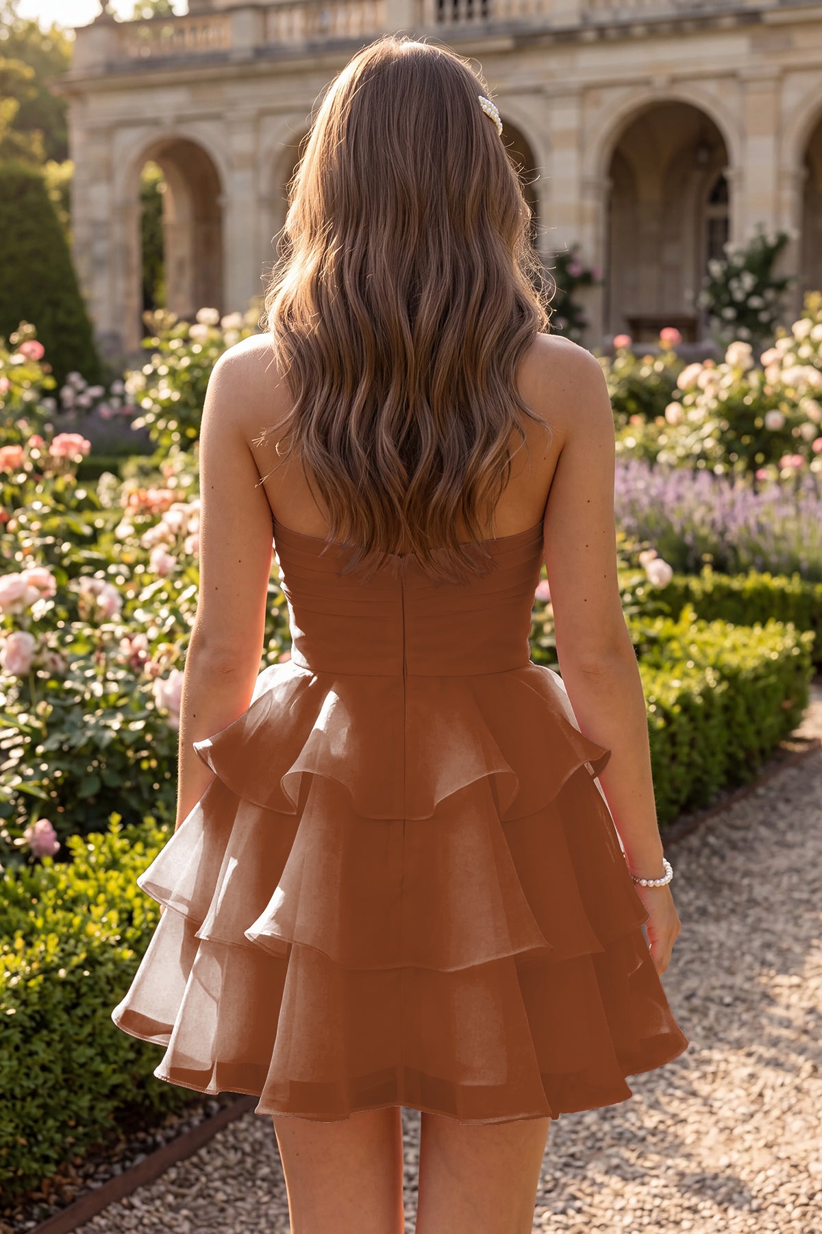 Burnt Orange Flower Detail Strapless Homecoming Dress Back View