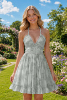 Sage Beaded Floral Details A Line Homecoming Dress Back View