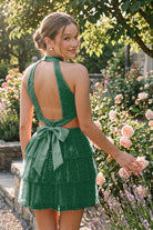 Emerald Tiered Bow Detail Halter Homecoming Dress Back View