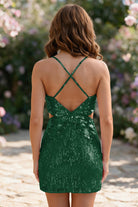 Emerald Spaghetti Straps Sequin V Neck homecoming dress back view