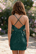 Peacock Spaghetti Straps Sequin V Neck homecoming dress back view