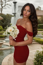 Light Burgundy Off The Shoulder Bodycon Short Homecoming Dresses side view