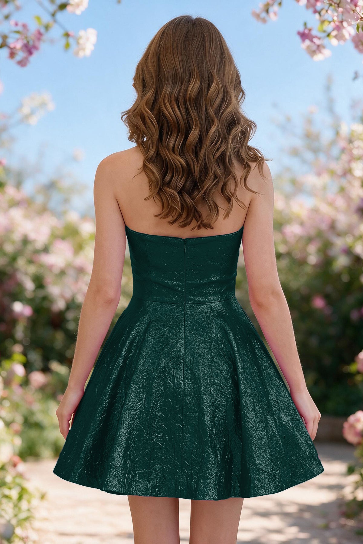 Peacock metallic bow-detail a-line homecoming dress back view