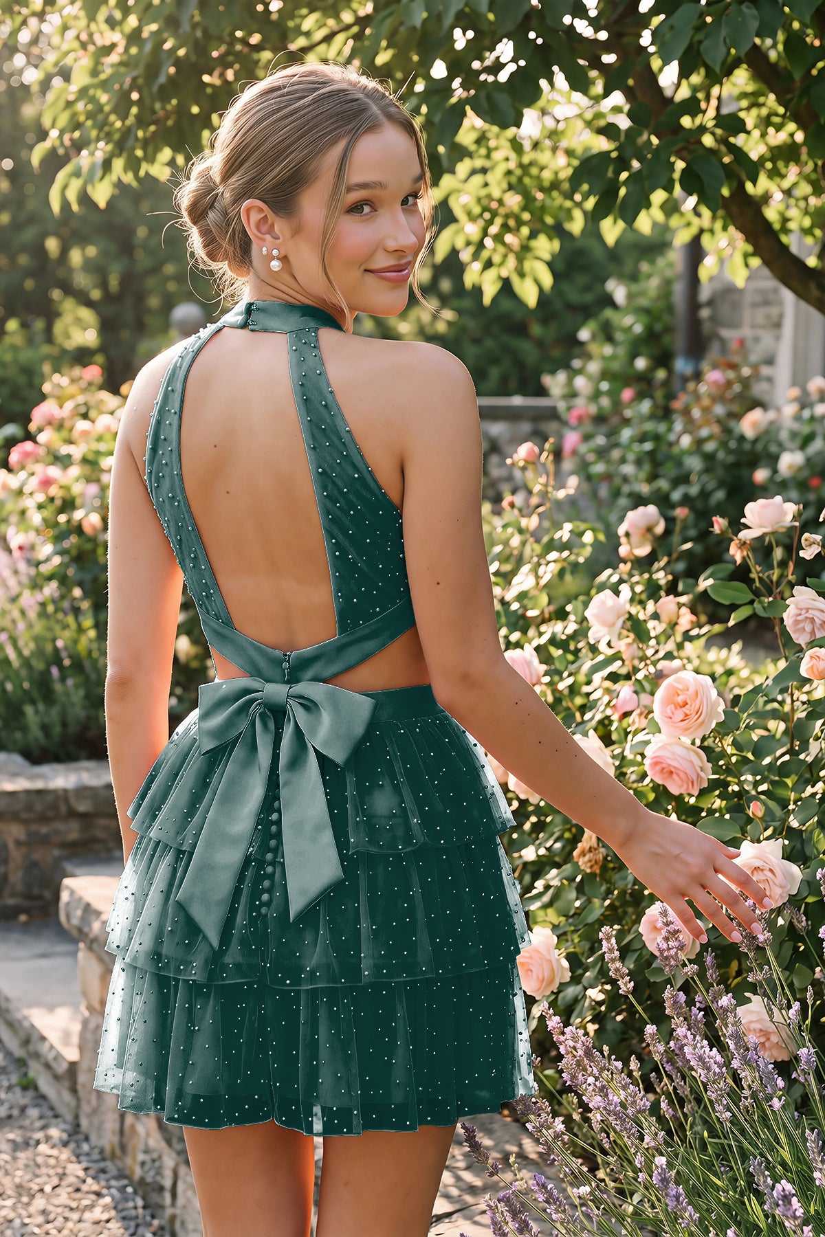 Peacock Tiered Bow Detail Halter Homecoming Dress Back View
