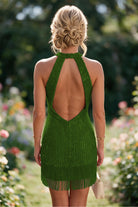 Turquoise Tassel Halter Sheath Sequin Homecoming Dress Back View
