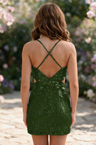 Olive Green Spaghetti Straps Sequin V Neck homecoming dress back view