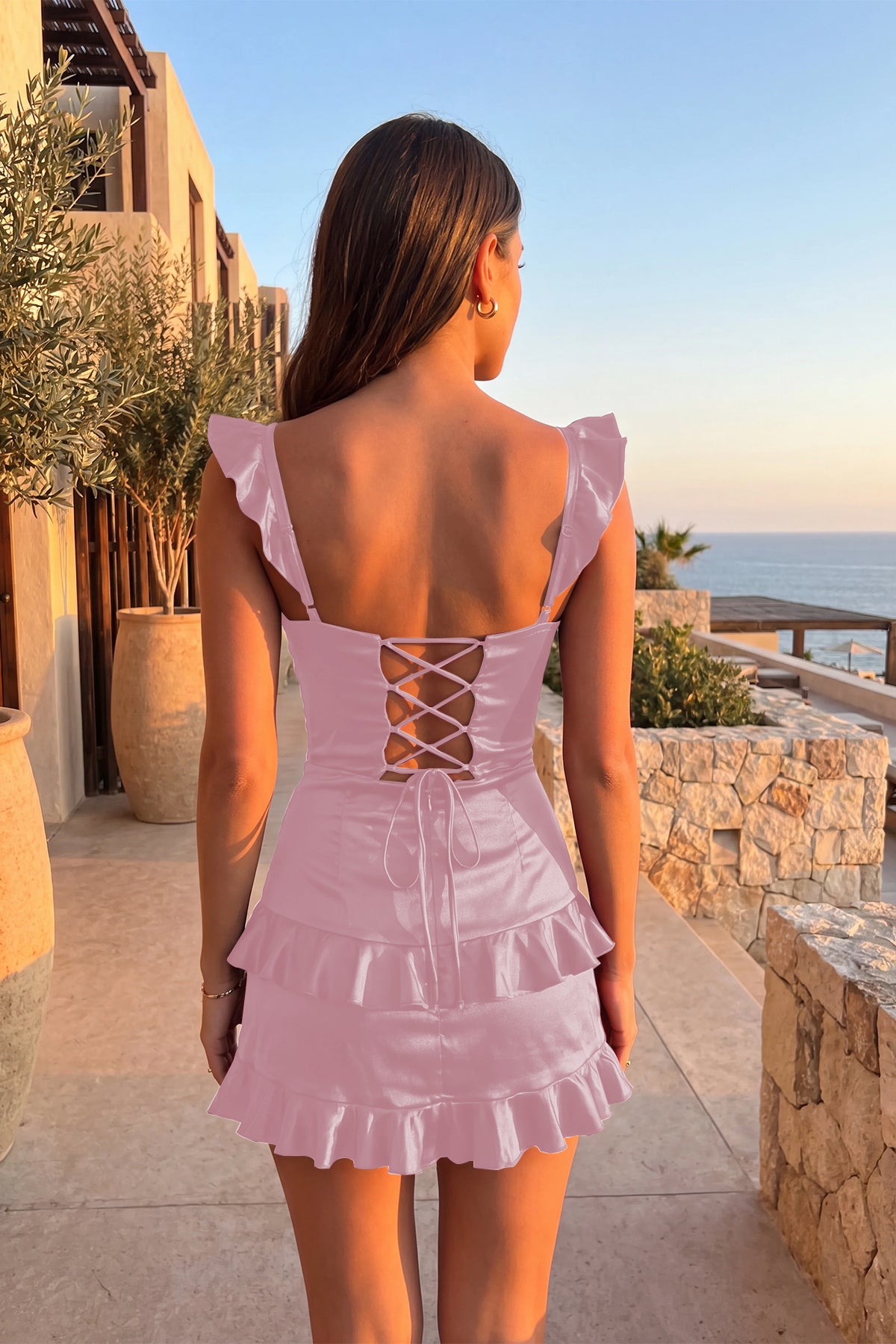 Pink Ruffle Sweetheart Strapless Sheath Homecoming Dress Back View