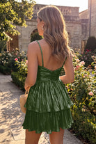 Olive Green Metallic Tiered Short Homecoming Dress Back View