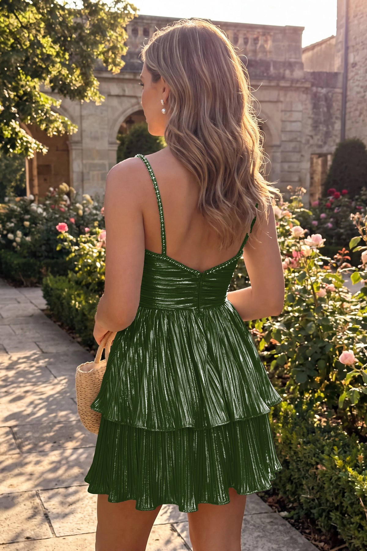 Olive Green Metallic Tiered Short Homecoming Dress Back View