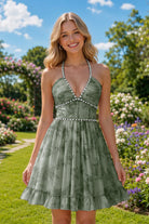 Olive Green Beaded Floral Details A Line Homecoming Dress Front View
