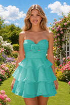 Turquoise Flower Detail Strapless Homecoming Dress Front View