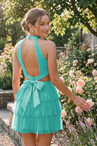 Turquoise Tiered Bow Detail Halter Homecoming Dress Back View