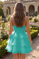 Turquoise Flower Detail Strapless Homecoming Dress Back View