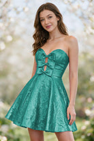 Turquoise metallic bow-detail a-line homecoming dress front view