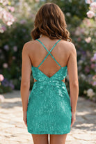 Turquoise Spaghetti Straps Sequin V Neck homecoming dress back view