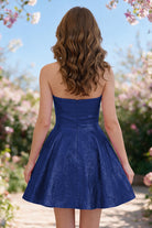 Light Royal Blue metallic bow-detail a-line homecoming dress back view