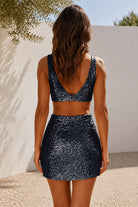 Navy Blue Sequin Keyhole Sheath Homecoming Dress Back View