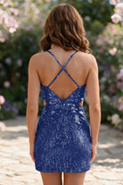 Light Royal Blue Spaghetti Straps Sequin V Neck homecoming dress back view