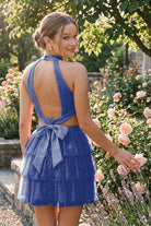 Light Royal Blue Tiered Bow Detail Halter Homecoming Dress Back View