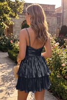Navy Blue Metallic Tiered Short Homecoming Dress Back View