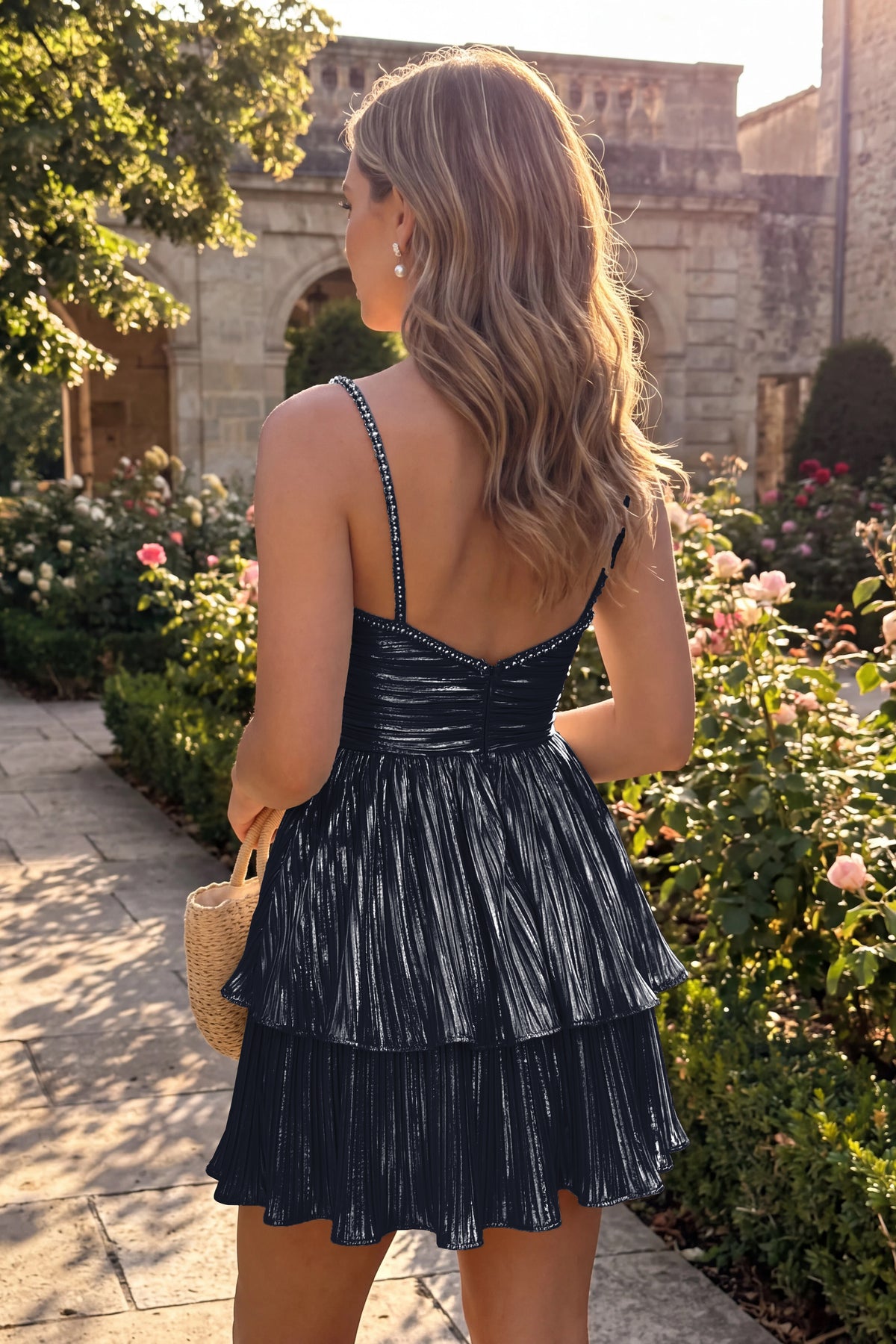 Navy Blue Metallic Tiered Short Homecoming Dress Back View