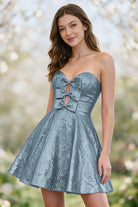 Sky Blue metallic bow-detail a-line homecoming dress front view