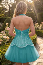 Aqua Blue Pearl A Line V Neck Homecoming Dress Back View