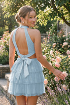 Sky Blue Tiered Bow Detail Halter Homecoming Dress Back View