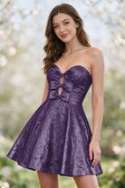 Purple metallic bow-detail a-line homecoming dress front view