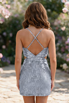 Lavender Spaghetti Straps Sequin V Neck homecoming dress back view
