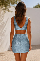 Sky Blue Sequin Keyhole Sheath Homecoming Dress Back View