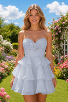 Lavender Flower Detail Strapless Homecoming Dress Front View