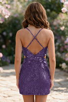 Purple Spaghetti Straps Sequin V Neck homecoming dress back view