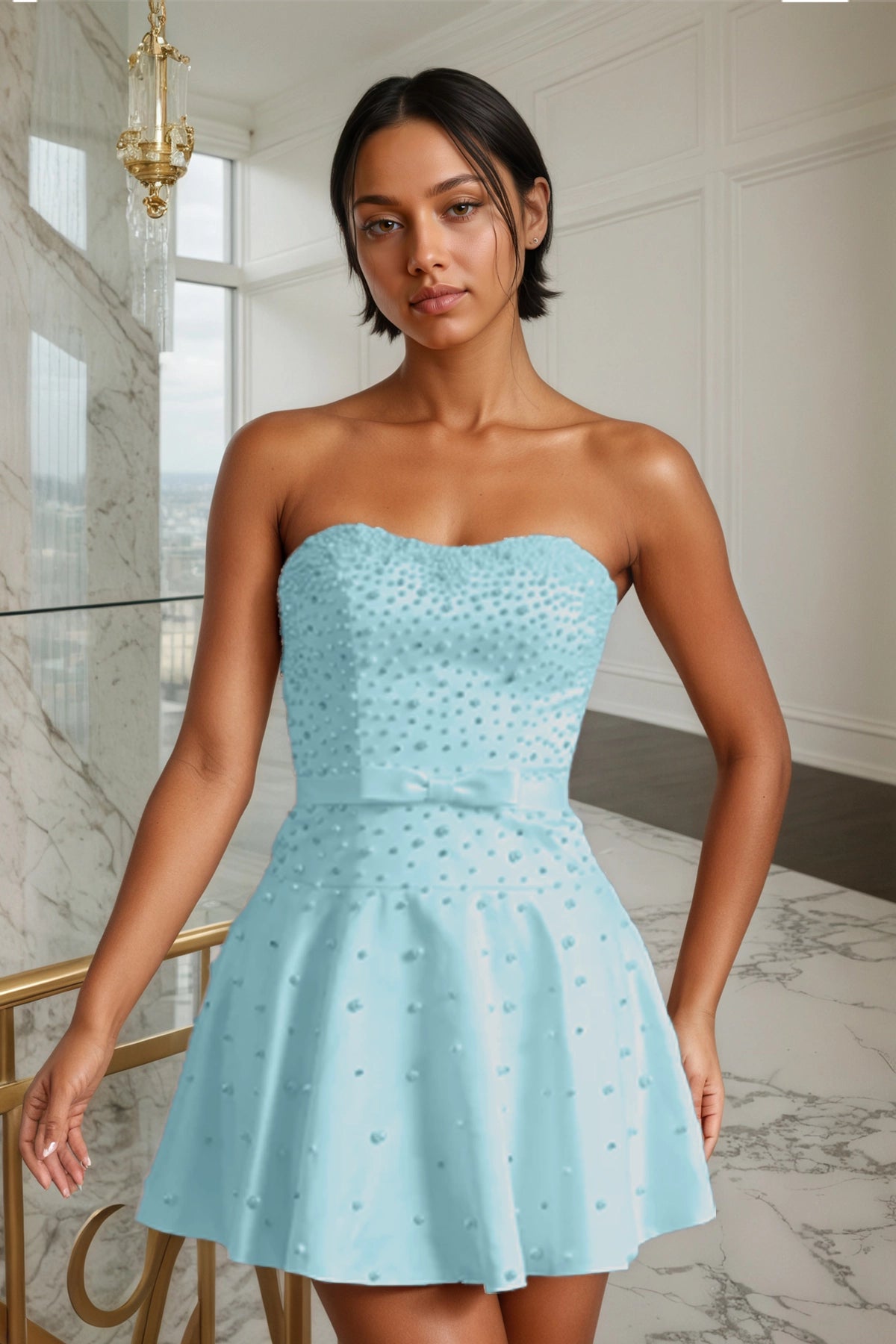 White Bowknot Pearl A-Line Strapless Homecoming Dress Front View