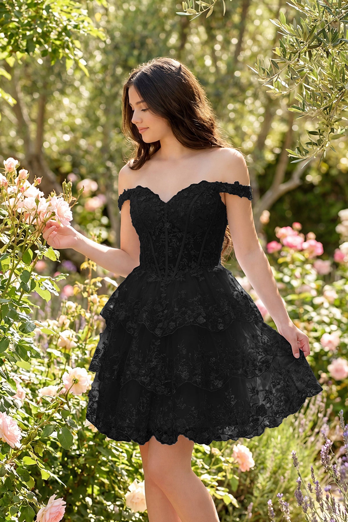 Sky Blue lace tulle a-Line tiered homecoming dress front view