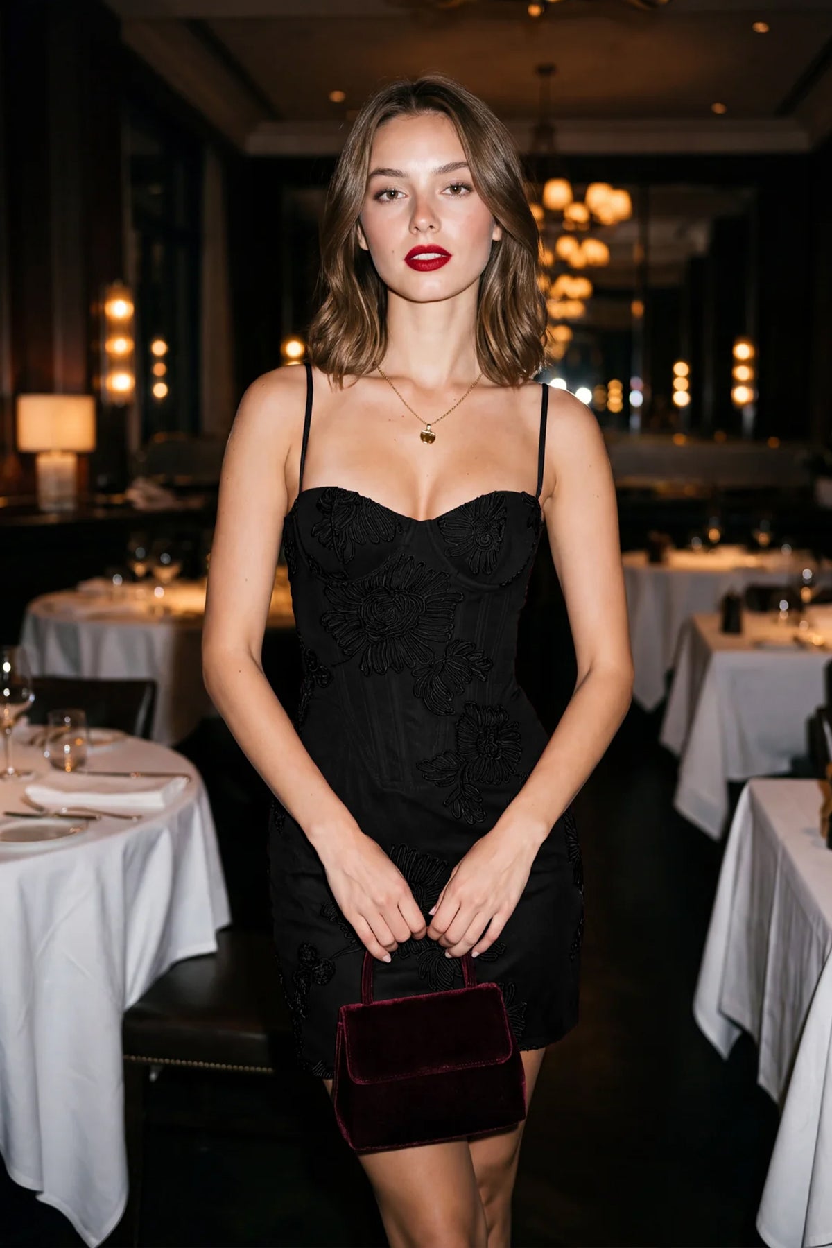 Light Burgundy Floral Stitching Sheath Spaghetti Straps Homecoming Dress Front View