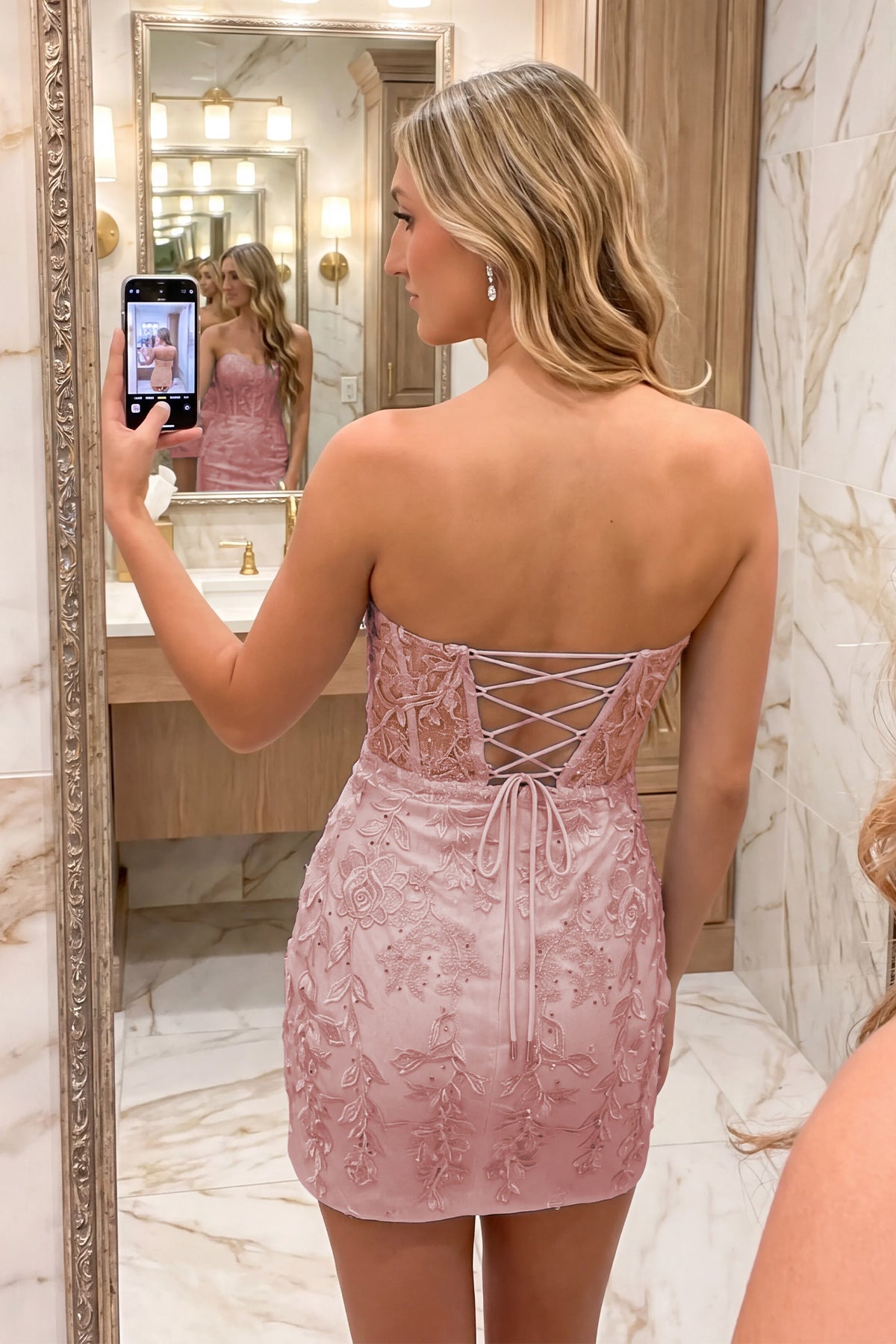 Blue Sweetheart Strapless Lace Homecoming Dress Back View