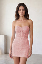Blue Sweetheart Strapless Lace Homecoming Dress Front View