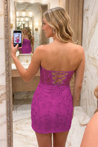 Blush Pink Sweetheart Strapless Lace Homecoming Dress Back View