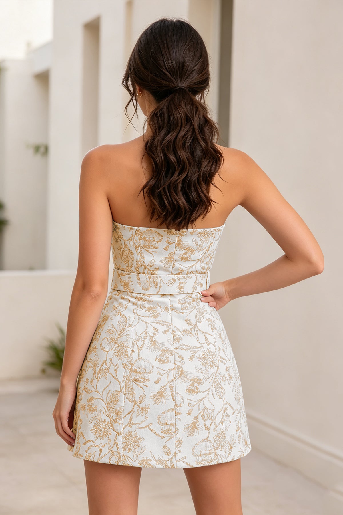 Yellow Belt Jacquard Sheath Strapless Homecoming Dress Back View