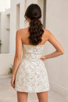 Yellow Belt Jacquard Sheath Strapless Homecoming Dress Back View