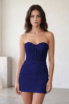 Navy Blue Sweetheart Strapless Lace Homecoming Dress Front View