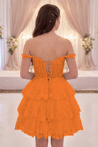 Pink lace tulle a-Line tiered homecoming dress back view