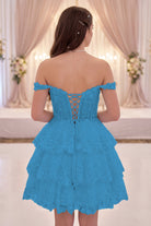 Ocean Blue lace tulle a-Line tiered homecoming dress back view