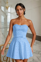 Sky Blue Bowknot Pearl A-Line Strapless Homecoming Dress Front View
