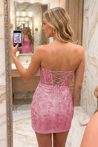 Pink Sweetheart Strapless Lace Homecoming Dress Back View