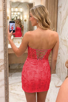 Red Sweetheart Strapless Lace Homecoming Dress Back View