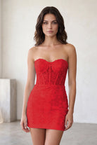 Red Sweetheart Strapless Lace Homecoming Dress Front View